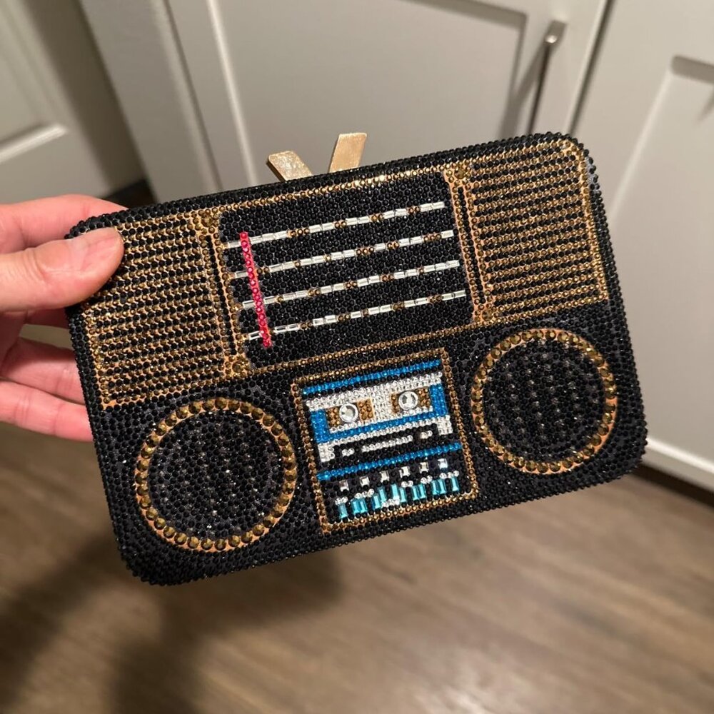 Neiman Marcus Rhinestone Black Boombox Clutch Handbag